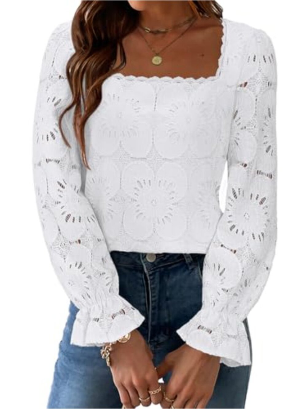 Women's Cotton Nylon Lace Crochet Boho Blouse Square Neck Puff Sleeve